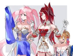 Rule 34 | 3girls, bare shoulders, blonde hair, blue eyes, bow, bowtie, breasts, cleavage, closed eyes, closed mouth, cloth, collarbone, detached collar, dress, europa (granblue fantasy), gabriel (granblue fantasy), gauntlets, godsworn alexiel, granblue fantasy, hagoromo, hair ornament, long hair, measuring, medium breasts, miniskirt, multiple girls, open mouth, pink hair, red eyes, shawl, skirt, standing, strapless, strapless dress, sweatdrop, tape measure, v-shaped eyebrows, white dress, white skirt, yakota (usuk-yako)