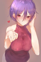 Rule 34 | 1girl, bad id, bad pixiv id, blush, breasts, frown, grey background, highres, hplay, large breasts, mole, mole under eye, original, purple hair, red eyes, ribbed sweater, simple background, skirt, sleeveless, solo, sweater