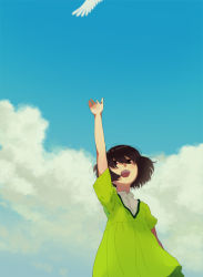 Rule 34 | 1girl, child, cloud, day, dress, green dress, ichikawa, outstretched arm, outstretched hand, reaching, sky, solo