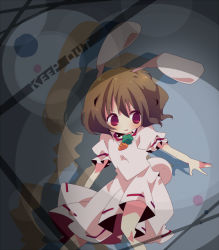 Rule 34 | 1girl, ana (rznuscrf), animal ears, blush, brown hair, carrot necklace, dress, female focus, inaba tewi, looking to the side, necklace, outstretched arm, pink dress, rabbit ears, red eyes, short hair, solo, touhou