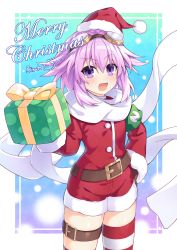 Rule 34 | 1girl, armband, asymmetrical legwear, belt, binato lulu, blush, box, choujigen game neptune, christmas, gift, gift box, goggles, goggles on head, hat, holding, holding gift, looking at viewer, merr, neptune (neptunia), neptune (series), open mouth, purple eyes, purple hair, red hat, red thighhighs, santa costume, santa hat, scarf, short hair, single thighhigh, smile, solo, striped clothes, striped thighhighs, thighhighs, uneven legwear