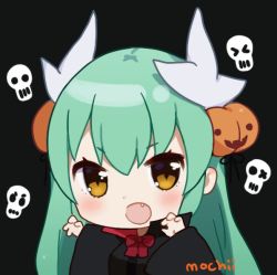 Rule 34 | &gt;:d, 1girl, :d, aqua hair, black background, black cloak, blush, chibi, claw pose, cloak, commentary, fang, fate/grand order, fate (series), food-themed hair ornament, hair ornament, halloween, halloween costume, horns, kiyohime (fate), long hair, long sleeves, looking at viewer, mochii, neck ribbon, open mouth, pumpkin hair ornament, red ribbon, ribbon, signature, simple background, skull, slit pupils, smile, solo, upper body, v-shaped eyebrows, vampire costume, yellow eyes