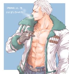 Rule 34 | 1boy, abs, belt, blue background, border, cigar, commentary request, dated, denim, gloves, holding, holding cigar, jacket, jeans, male focus, one piece, pants, shina (ooo417ooo), smile, smoke, smoker (one piece), solo, stitched face, stitches, undercut, upper body, white border, white hair