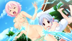 Rule 34 | &gt; &lt;, 2girls, barefoot, blue hair, breasts, censored, clean one (tropical vacation), closed eyes, game cg, highres, koutaro, mosaic censoring, multiple girls, navel, nipples, one-piece swimsuit, open mouth, pink hair, pussy, red eyes, red hair, short hair, swimsuit, takara ichiko, tropical vacation, twinkle soft