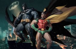 Rule 34 | 2boys, bara, batman, batman (series), beard, black cape, black gloves, black hair, bodysuit, boots, bruce wayne, cape, closed mouth, covered abs, dc comics, dick grayson, domino mask, facial hair, gloves, green gloves, grey bodysuit, hands on own hips, highres, large pectorals, male focus, mask, multiple boys, muscular, muscular male, night, night sky, outdoors, pectorals, robin (dc), short hair, silverjow, sky, thick thighs, thighs