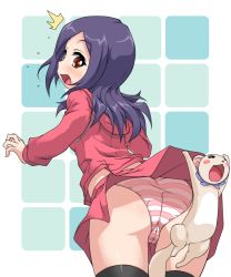 Rule 34 | 00s, 1girl, ^^^, arms up, ass, assisted exposure, black hair, brown eyes, cameltoe, cleft of venus, clothes lift, fresh precure!, from behind, higashi setsuna, k10k, long hair, looking back, o/, outstretched arms, panties, pantyshot, precure, school uniform, skirt, skirt flip, skirt lift, solo, striped clothes, striped panties, surprised, surprised arms, tart (fresh precure!), thighhighs, trefoil, underwear, upskirt