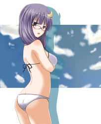 Rule 34 | 1girl, ass, bad id, bad pixiv id, bespectacled, bikini, crescent, crescent hair ornament, female focus, glasses, hair ornament, highres, lock heart (juuryokudou), looking back, patchouli knowledge, solo, swimsuit, touhou