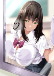 Rule 34 | 1girl, absurdres, against glass, black hair, black skirt, blurry, blurry background, breast press, breasts, breasts on glass, bursting breasts, chalkboard, classroom, cleavage, collarbone, commentary request, condensation, green eyes, highres, huge breasts, long hair, looking at viewer, moriton, original, parted lips, red neckwear, school uniform, shirt, short sleeves, sidelocks, skirt, solo, uniform, white shirt, window, wiping