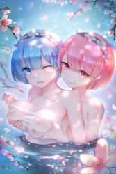 Rule 34 | 10s, 2girls, absurdres, blue eyes, blue hair, blush, breasts, cherry blossoms, collarbone, flower, grabbing, grabbing another&#039;s breast, grabbing from behind, hair ornament, hair over one eye, highres, in water, incest, large breasts, looking at viewer, maid headdress, multiple girls, nude, one eye closed, open mouth, partially submerged, petals, pink eyes, pink hair, pink ribbon, ram (re:zero), re:zero kara hajimeru isekai seikatsu, rem (re:zero), ribbon, see-through, short hair, siblings, sisters, smile, towel, twincest, twins, xing, yuri