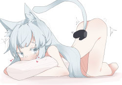 Rule 34 | 1girl, animal ears, arknights, ass, blue eyes, blue hair, blush, cat ears, cat tail, completely nude, heart, highres, hug, long hair, looking at viewer, nude, pillow, rosmontis (arknights), signal 1120, simple background, solo, tail, top-down bottom-up, white background