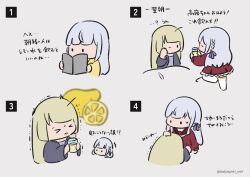 Rule 34 | &gt; &lt;, 2girls, ^^^, ^ ^, arm at side, assault lily, blanket, blonde hair, blunt bangs, book, braid, brown sailor collar, chibi, closed eyes, closed mouth, clothes grab, comic, cropped torso, cup, drinking glass, facing another, facing away, food, frilled skirt, frills, fruit, grey background, grey hair, grey shirt, grimace, hair ribbon, hand on another&#039;s head, hand up, hands up, head on chest, highres, holding, holding book, holding cup, juice, kabayaki (kabayaki eel), kanba girls high school uniform, kon kanaho, lemon, lemon juice, lemon slice, long hair, long sleeves, looking at another, looking at object, miniskirt, miyagawa takane, multiple girls, no mouth, no shoes, one eye closed, open book, open clothes, open shirt, purple ribbon, reading, red shirt, red skirt, ribbon, rubbing eyes, sailor collar, school uniform, serafuku, shirt, shirt grab, side braid, simple background, skirt, sleepy, solid oval eyes, standing, standing on one leg, sweatdrop, thighhighs, translated, trembling, twitter username, waking up, white thighhighs, yellow shirt