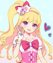 Rule 34 | 1girl, :d, aida takanobu, asahina mirai, blonde hair, cure miracle, earrings, gloves, heart, jewelry, long hair, looking at viewer, mahou girls precure!, open mouth, precure, purple eyes, side ponytail, smile, solo, v, white gloves