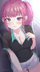 1girl absurdres badminton_uniform black_shirt blush breasts cleavage collarbone collared_shirt hair_tie highres kanikatsuya looking_at_viewer medium_breasts mole mole_on_breast pink_hair purple_eyes shirt shorts smile solo sportswear sweat two-tone_shirt white_shorts zipper