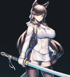 Rule 34 | 1girl, aiguillette, animal ears, atago (azur lane), azur lane, black background, black thighhighs, breasts, brown eyes, brown hair, buttons, cowboy shot, double-breasted, gloves, hair ribbon, highres, holding, holding sword, holding weapon, itaco, katana, large breasts, legs apart, long hair, long sleeves, looking at viewer, miniskirt, mole, mole under eye, panties, pantyshot, parted lips, ribbon, simple background, skirt, smile, solo, standing, sword, thighhighs, tsurime, underwear, unsheathed, upskirt, very long hair, weapon, white gloves, white panties, white ribbon, white skirt