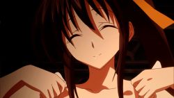 Rule 34 | 10s, 1girl, animated, animated gif, black hair, bouncing breasts, breasts, demon girl, female focus, high school dxd, high school dxd born, himejima akeno, large breasts, long hair, nipples, screencap, smile, solo, standing, undressing