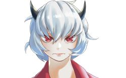 Rule 34 | 1girl, absurdres, black horns, closed mouth, commentary request, demon girl, demon horns, helltaker, highres, horns, kisara (yamanire), looking at viewer, malina (helltaker), portrait, red eyes, red shirt, shirt, short hair, simple background, solo, white background, white hair