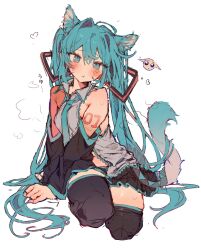 Rule 34 | 1girl, ahoge, animal ears, aqua eyes, aqua hair, aqua necktie, bare shoulders, black skirt, black sleeves, blush, boots, cat ears, cat tail, closed mouth, collared shirt, detached sleeves, emoji, grey shirt, hair ornament, hatsune miku, heart, highres, kemonomimi mode, long hair, looking at viewer, navel, necktie, number tattoo, otintin, pleading face emoji, pleated skirt, shirt, simple background, sitting, skirt, sleeveless, sleeveless shirt, solo, steam, sweat, tail, tattoo, tearing up, thigh boots, twintails, very long hair, vocaloid, white background