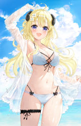 Rule 34 | 1girl, :d, ahoge, arm above head, arm up, armpits, bare shoulders, beach, bikini, blonde hair, blue eyes, blue sky, blush, breasts, bridal garter, cleavage, cloud, cloudy sky, cowboy shot, cross-laced clothes, day, floating hair, flower, front-tie top, fuumi (radial engine), gluteal fold, gradient eyes, groin, hair flower, hair ornament, halterneck, halterneck, holding, hololive, horns, long hair, long sleeves, looking at viewer, medium breasts, multi-strapped bikini, multicolored eyes, navel, ocean, off shoulder, open clothes, open mouth, open shirt, see-through, see-through shirt, sheep girl, sheep horns, shirt, shirt hold, sky, sleeves past wrists, smile, solo, standing, stomach, strap gap, string bikini, swimsuit, thighs, tsunomaki watame, two-tone bikini, virtual youtuber, water drop, wet, wet clothes, wet shirt, wet swimsuit, white bikini, white flower, white shirt
