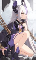 Rule 34 | 1girl, ahoge, ankle boots, black horns, black nails, boots, braid, braided bangs, broken horn, chain, coat, collar, commentary request, crying, crying with eyes open, grey hair, highres, hololive, horns, la+ darknesss, la+ darknesss (1st costume), long hair, metal collar, multicolored hair, nail polish, necktie, pantyhose, pointy ears, purple coat, purple hair, single leg pantyhose, solo, streaked hair, striped horns, tears, thomas 8000, torn clothes, torn pantyhose, virtual youtuber, yellow eyes, yellow necktie