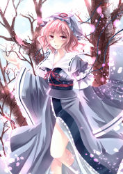 Rule 34 | 1girl, arm up, armband, blue sky, bug, butterfly, center frills, cherry blossoms, cloud, day, female focus, frills, hands in opposite sleeves, hat, insect, japanese clothes, kimono, kneehighs, light particles, looking at viewer, miyakure, obi, open hand, parted lips, petals, pink eyes, pink hair, ribbon, saigyouji yuyuko, sash, short hair, sky, socks, solo, touhou, tree, triangular headpiece, wide sleeves