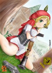 Rule 34 | 1girl, anachronism, apron, arm between breasts, artist name, basket, between breasts, big bad wolf, blonde hair, blush, breasts, cape, combat knife, dress, dutch angle, grass, green eyes, grimm&#039;s fairy tales, gun, halo, handgun, high-explosive anti-tank (warhead), highres, holding, holding weapon, hood, knife, large breasts, lipstick, little red riding hood, little red riding hood (grimm), log cabin, makeup, man-portable anti-tank systems, pitfall, planted, planted knife, planted weapon, red cape, rifle, road sign, rocket-propelled grenade, rocket (projectile), rocket launcher, rpg, rpg-7, rpg (weapon), short hair, sign, signature, sitting, smile, solo, stuck, translated, trapped, tree, wariza, weapon, wolf, yamanashi kotoya