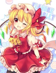 Rule 34 | 1girl, ;d, absurdres, ascot, black legwear, blonde hair, blush, bow, candy, character name, commentary request, crystal, fang, flandre scarlet, food, frilled shirt collar, frills, hair between eyes, hand up, hat, hat bow, head tilt, highres, lollipop, macaron, mob cap, one eye closed, open mouth, petticoat, puffy short sleeves, puffy sleeves, red bow, red eyes, red footwear, red skirt, red vest, ruhika, shadow, shoes, short hair, short sleeves, side ponytail, simple background, skirt, smile, solo, star (symbol), touhou, vest, white background, white hat, wings, wrist cuffs, yellow ascot