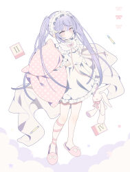 Rule 34 | 1girl, absurdres, blanket, bow, commentary, crayon, crescent, crescent hair ornament, dress, expressionless, footwear bow, frilled hairband, frills, full body, hair ornament, hairband, hairclip, highres, holding, holding stuffed toy, hugging object, kotoruri, long sleeves, looking at viewer, original, pillow, pillow hug, pink bow, pink eyes, pink footwear, pink ribbon, purple clouds, purple hair, ribbon, roman numeral, simple background, slippers, solo, standing, stuffed animal, stuffed rabbit, stuffed toy, symbol-only commentary, toy block, twintails, white background, white bow, white dress, white hairband