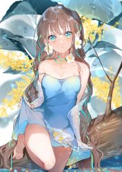 Rule 34 | 1girl, aqua eyes, bare legs, bare shoulders, barefoot, blue dress, breasts, brown hair, cleavage, closed mouth, clothes lift, collarbone, commentary request, dress, dress lift, earrings, expressionless, flower, flower earrings, hair flower, hair ornament, hair ribbon, highres, jewelry, leaf, leg up, lifting own clothes, long hair, looking at viewer, medium breasts, miwano rag, original, parted lips, ribbon, sleeveless, sleeveless dress, solo, standing, standing on one leg, tree, water, white flower