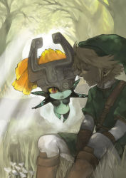 Rule 34 | 1boy, 1girl, bad id, bad pixiv id, blonde hair, earrings, closed eyes, forest, hat, helmet, highres, jewelry, link, midna, mome (artist), nature, nintendo, pointy ears, red eyes, the legend of zelda, the legend of zelda: twilight princess