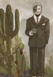 Rule 34 | 1boy, black jacket, black pants, brown necktie, cactus, collared shirt, commentary request, cyborg, erich (seihou), facial hair, feet out of frame, grey hair, highres, jacket, kaigen 1025, long sleeves, male focus, mustache, necktie, outdoors, pants, seihou, shirt, short hair, solo, white shirt