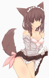 Rule 34 | 1girl, animal ears, bad id, bad pixiv id, blush, breasts, brown eyes, brown hair, camisole, cleavage, clothes lift, dog ears, dog tail, gloves, highres, long hair, maid headdress, off shoulder, original, shugami, skirt, skirt lift, small breasts, solo, strap slip, tail, tears, thighs
