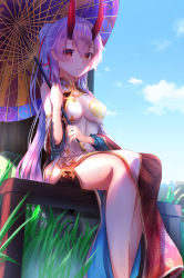 Rule 34 | 1girl, absurdres, bad id, bad pixiv id, bare shoulders, bench, blue sky, blush, breasts, china dress, chinese clothes, closed mouth, day, detached sleeves, dress, fate/grand order, fate (series), grass, hair between eyes, heroic spirit traveling outfit, highres, horns, large breasts, long hair, looking at viewer, mitsudomoe (shape), oil-paper umbrella, oni horns, pelvic curtain, ponytail, purple (jobseeking), red eyes, revision, side slit, silver hair, sitting, sky, sleeveless, sleeveless dress, smile, solo, tomoe (symbol), tomoe gozen (fate), tomoe gozen (traveling outfit) (fate), umbrella, wide sleeves