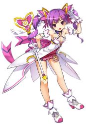 Rule 34 | 1girl, :d, aisha landar, blackjd83, bow, breasts, cleavage, detached collar, dimension witch (elsword), elsword, full body, gloves, hair ornament, hairclip, hand on own hip, leaning forward, miniskirt, official art, open mouth, pink bow, pink ribbon, purple eyes, purple hair, purple skirt, ribbon, salute, shoes, short hair, skirt, small breasts, smile, solo, twintails, wand, white background, white gloves