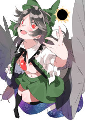 Rule 34 | 1girl, absurdres, arm cannon, bird wings, black hair, black socks, black sun, black wings, blush, bow, breasts, cape, center frills, collared shirt, commentary request, control rod, frilled shirt collar, frills, full body, green bow, green skirt, hair bow, highres, kneehighs, long hair, looking at viewer, medium breasts, navel, ninniku (mfu7324), no shoes, open mouth, puffy short sleeves, puffy sleeves, red eyes, reiuji utsuho, shirt, short sleeves, simple background, skirt, smile, socks, solo, starry sky print, sun, third eye, touhou, underboob, weapon, white background, white shirt, wings