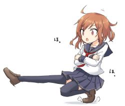 Rule 34 | 1girl, :o, black thighhighs, blue skirt, brown eyes, brown footwear, brown hair, cossack dance, crossed arms, full body, hair ornament, hairclip, ikazuchi (kancolle), kakizaki (chou neji), kantai collection, loafers, neckerchief, pleated skirt, red neckerchief, school uniform, serafuku, shoes, short hair, simple background, skirt, solo, thighhighs, white background