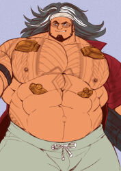 Rule 34 | 1boy, absurdres, bara, bare pectorals, beard, black hair, chest tattoo, cowboy shot, dark-skinned male, dark skin, full beard, highres, huge pectorals, looking to the side, male focus, mature male, mauga (overwatch), multicolored hair, muscular, muscular male, open clothes, open shirt, overwatch, overwatch 2, pants, pectorals, solo, streaked hair, strongman waist, sunglasses, tattoo, thick eyebrows, topi (topi5356)