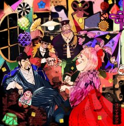 Rule 34 | 1girl, 4boys, baby, black headwear, black suit, capone gang bege, capone pez, chameleon tongue, charlotte chiffon, coat, facial hair, formal, fur trim, gangster, goatee, gotti (one piece), hair ribbon, harakara12, holding, holding umbrella, indoors, jewelry, looking at viewer, multicolored background, multiple boys, multiple rings, one piece, pink hair, red coat, ribbon, ring, sideburns, sitting, smoking pipe, standing, striped, suit, teeth, umbrella, vertical stripes, vito (one piece)