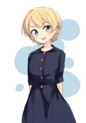 Rule 34 | 1girl, absurdres, arms behind back, barashiya, blonde hair, blue dress, blue eyes, blush, braid, casual, commentary request, cowboy shot, darjeeling (girls und panzer), dress, girls und panzer, head tilt, highres, light blush, looking at viewer, medium dress, open mouth, short hair, short sleeves, smile, solo, standing, twin braids, white background