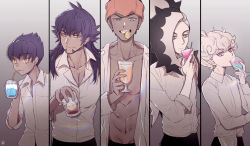 Rule 34 | 5boys, abs, absurdres, alternate costume, bede (pokemon), black hair, black pants, closed mouth, collarbone, collared shirt, commentary request, creatures (company), cup, dark-skinned male, dark skin, drinking, drinking straw, food, fruit, game freak, glass, grey hair, headband, highres, holding, holding cup, hop (pokemon), jewelry, lemon, lemon slice, leon (pokemon), long hair, male focus, mouth hold, multicolored hair, multiple boys, nai gai hongcha, nintendo, open clothes, open shirt, orange headband, pants, piers (pokemon), pokemon, pokemon swsh, purple hair, raihan (pokemon), ring, shirt, short hair, sleeves rolled up, smile, teeth, two-tone hair