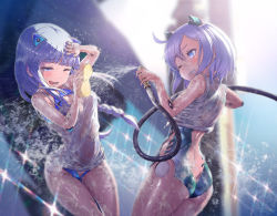 Rule 34 | 2girls, artist request, astebreed, blue eyes, breasts, cleavage, estina nono, fiona nono, grin, hairpods, highres, holding, hose, long hair, multiple girls, open mouth, purple hair, shiny skin, short hair, siblings, sisters, smile, sponge, spraying, tank top, water, wet, wet clothes, wince