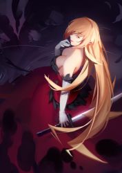 Rule 34 | 1girl, 3four, blonde hair, breasts, dress, elbow gloves, gloves, holding, holding sword, holding weapon, kiss-shot acerola-orion heart-under-blade, large breasts, long hair, monogatari (series), oshino shinobu, parted lips, red dress, ripples, solo, sword, vampire, very long hair, weapon, white gloves, yellow eyes