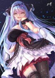 Rule 34 | :d, amanuki-san, black pantyhose, black ribbon, blue hair, breasts, butterfly hair ornament, curtsey, detached collar, dress, fang, gloves, hair ornament, hair ribbon, hairband, lace, lace-trimmed dress, lace-trimmed legwear, lace trim, large breasts, light particles, long hair, looking at viewer, open mouth, original, pantyhose, pink eyes, pleated skirt, ribbon, sidelocks, signature, single leg pantyhose, single thighhigh, skirt, skirt hold, skirt under dress, slit pupils, smile, solo, thighhighs, tsurime, very long hair, white gloves, white skirt