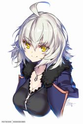 Rule 34 | 1girl, ahoge, black shirt, blue coat, breasts, cleavage, closed mouth, coat, commentary request, fate/grand order, fate (series), fur trim, grey hair, hong (white spider), jeanne d&#039;arc (fate), jeanne d&#039;arc alter (avenger) (fate), jeanne d&#039;arc alter (fate), jewelry, large breasts, looking at viewer, necklace, shirt, short hair, signature, simple background, smile, solo, upper body, white background