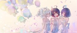 Rule 34 | 3girls, ^ ^, absurdres, ahoge, balloon, bare shoulders, bow, breasts, bronya zaychik, butterfly hair ornament, caisena, cake, character name, closed eyes, closed mouth, collarbone, commentary request, dress, drill hair, food, grey hair, hair between eyes, hair bow, hair ornament, hands up, happy birthday, highres, honkai (series), honkai impact 3rd, multicolored hair, multiple girls, petals, purple hair, red eyes, red hair, seele (alter ego), seele vollerei, sleeveless, sleeveless dress, small breasts, smile, strapless, strapless dress, twin drills, twintails, two-tone hair, white bow, white dress, wrist cuffs