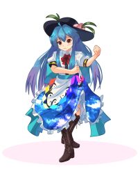 Rule 34 | 1girl, apron, black hat, blue hair, blue skirt, boots, bow, bowtie, brown footwear, center frills, closed mouth, cloud print, collared shirt, commentary request, cross-laced footwear, dancing, frilled skirt, frills, fruit hat ornament, hat, highres, hinanawi tenshi, long hair, peach hat ornament, plus2sf, puffy short sleeves, puffy sleeves, rainbow gradient, rainbow order, red bow, red bowtie, red eyes, shirt, short sleeves, simple background, skirt, solo, touhou, very long hair, waist apron, white apron, white background, white shirt