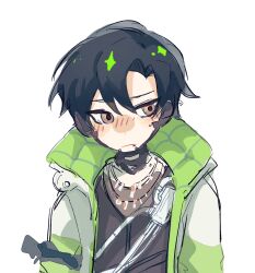 Rule 34 | 1boy, animification, apex legends, black hair, black vest, blush, crypto (apex legends), hair between eyes, highres, jacket, jewelry, kzk wanko, looking at viewer, male focus, necklace, simple background, sketch, solo, upper body, vest, white background, white jacket