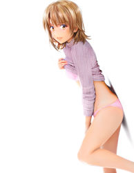 Rule 34 | 1girl, :d, against wall, bra, brown eyes, brown hair, clothes lift, from side, grace16, grey sweater, hair between eyes, highres, isshiki iroha, lifting own clothes, looking at viewer, medium hair, open mouth, panties, pink bra, pink panties, ribbed sweater, simple background, smile, solo, standing, sweater, sweater lift, underwear, white background, yahari ore no seishun lovecome wa machigatteiru.
