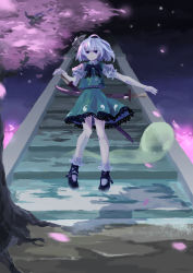 Rule 34 | 1girl, absurdres, blouse, bow, brush stroke, buckle, buttons, cherry blossoms, dress, female focus, floating, frills, ghost, highres, katana, konpaku youmu, konpaku youmu (ghost), lace, nature, night, night sky, outdoors, petals, pink theme, plant, ribbon, sheath, shirt, short hair, sky, solo, stairs, star (symbol), sword, touhou, tree, uransa, weapon, white hair