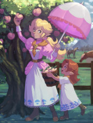 Rule 34 | 2girls, absurdres, arm up, blonde hair, blue eyes, brown hair, bucket, crossover, dress, farm, fence, food, fruit, highres, horse, image sample, looking at another, low ponytail, malon, mario (series), mother and daughter, multiple girls, nintendo, papabay, parasol, peach, pointy ears, ponytail, princess peach, smile, standing, the legend of zelda, the legend of zelda: ocarina of time, tumblr sample, umbrella, wooden fence