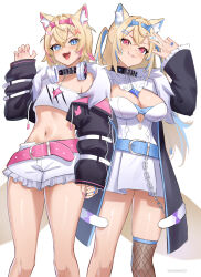 Rule 34 | 2girls, :3, absurdres, animal collar, animal ears, belt, black jacket, blonde hair, blue belt, blue hair, blue nails, breasts, cleavage cutout, clothing cutout, collar, crop top, cross hair ornament, dog ears, dog girl, dog tail, dress, fishnets, flat chest, frilled shorts, frills, fuwawa abyssgard, fuwawa abyssgard (1st costume), gudanco (nyanmeowzer), hair ornament, hairband, hairclip, highres, holding hands, hololive, hololive english, jacket, large breasts, long sleeves, medium hair, midriff, mococo abyssgard, mococo abyssgard (1st costume), multicolored hair, multiple girls, nail polish, navel, pink belt, pink hair, pink nails, shirt, shorts, siblings, simple background, sisters, streaked hair, tail, thighhighs, v, virtual youtuber, white dress, white shirt
